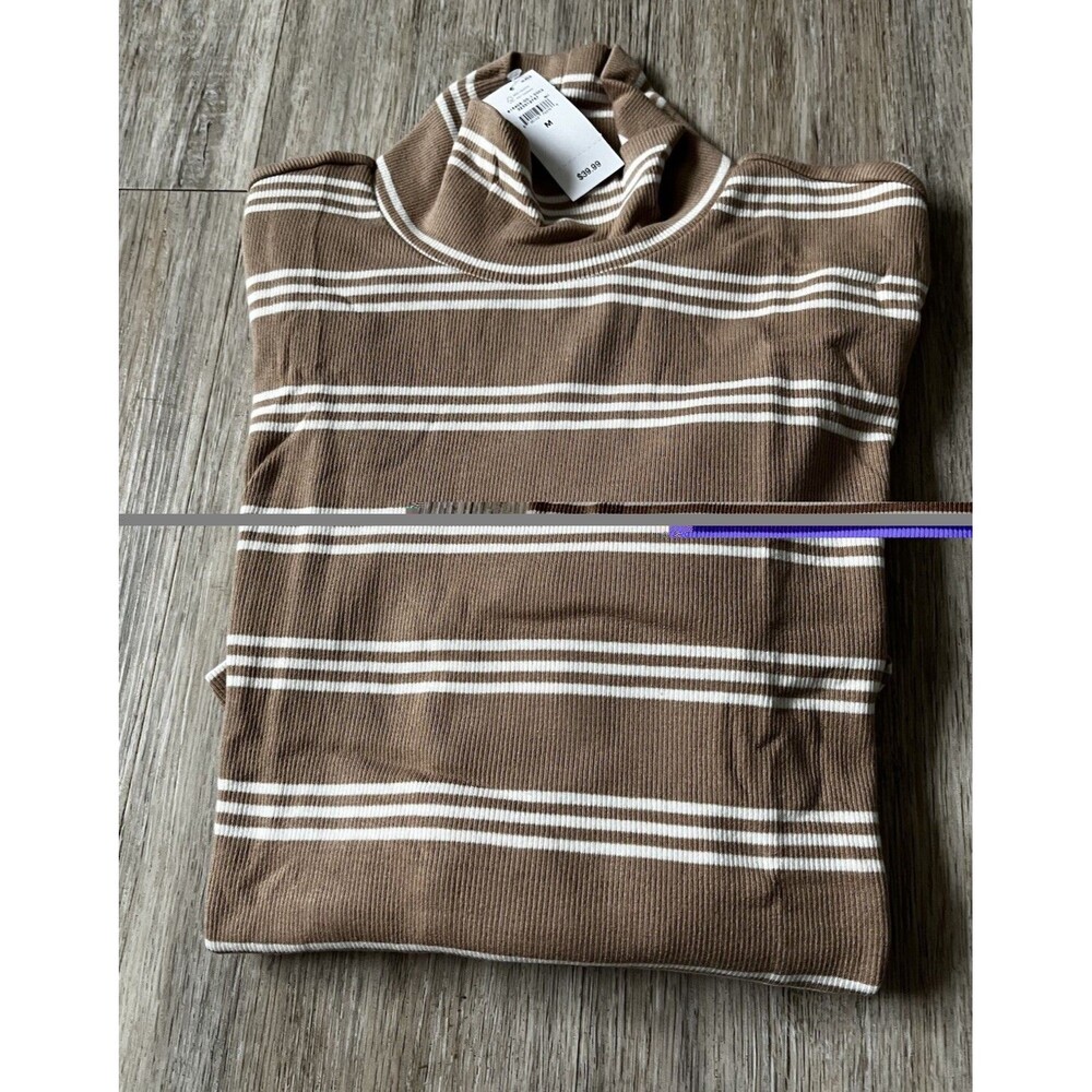 Gap Cotton Knit Turtleneck Shirt Long Sleeve Tan White Striped Top Large
